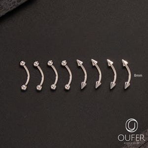 Set of 8pcs, 16G Steel Curved Barbells, 8/10mm Eyebrow, Rook, Cartilage, Vertical Labret Piercings with Ball and Spike Ends, Barbell Jewelry