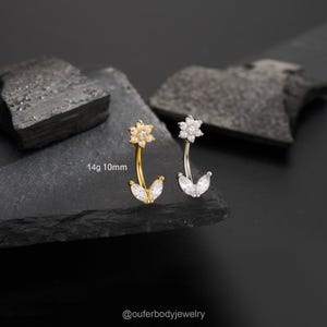 14G 10mm Pearl Flower Belly Ring, Leaf Clear CZ Belly Button Ring, Floral Navel Piercing, Belly Jewelry, Dainty Navel Ring, Curved Barbells