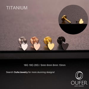 16G/18G/20G Titanium Threadless Heart Flat Back Stud/Push Pin Labret/Cartilage/Conch/Helix/Tragus/Nose Piercing Silver/Gold/Black/RoseGold