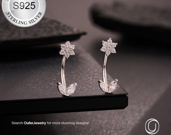 16G 925 Sterling Silver Curved Barbell/CZ Flower Leaf Rook Earring/Eyebrow Ring/Rook Barbell/Cartilage Earring/Eyebrow Piercing Jewelry 1PCS