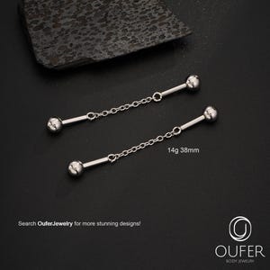 14G 38mm Steel Chain Industrial Barbell, Stainless Steel Ear Bridge | Straight Scaffold Earring | Threaded ball Ends | Industrial Piercing