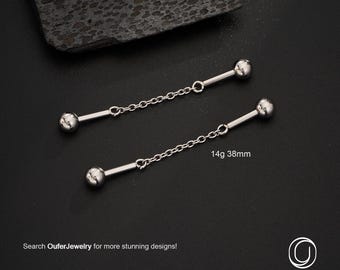 14G 38 mm stålkedja industriell skivstång, öronbrygga i rostfritt stål | Raka ställningsörhängen | Gängade kuländar | Industriell piercing