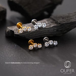16G Trinity CZ Threadless Labret-stekker, Micro CZ-kraakbeenoorbel voor kraakbeen, tragus, schelp, helixpiercing, platte rug push pins sieraden