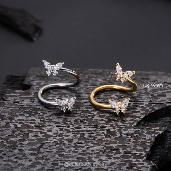 16G Spiral Butterfly Gold Sliver Helix Earring/Cartilage Earrings/Conch Earring/Lip Ring/Belly Button Ring/Cartilage Earring/Eyebrow/Helix