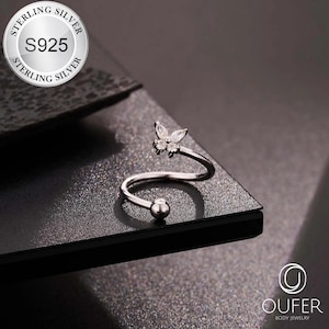 16G Spiral Cartilage Earring – 925 Sterling Silver S-Shaped Barbell with Butterfly Gems– Spiral Hoop for Helix, Conch, Cartilage Piercings