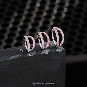 20G Pink CZ Double Hoop Cartilage Earring/Nose Ring/Septum Ring/Conch Earring/Tragus Hoop/Daith Hoop/Helix/Hinged Hoop Clicker/Gift For Her