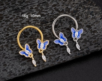 16G Dangle Butterfly Septum Ring/Horseshoe Ring/Daith Earrings/Cartilage Hoop/Septum Jewelry/Helix/Conch/Tragus Hoop Silver Gold/Girl's Gift