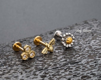 3pcs 16G abeille nid d'abeille fleur de soleil à filetage interne boucle d'oreille/goujon de cartilage/goujons d'hélice/goujon de tragus/goujon de conque/labret/boucle d'oreille empilable