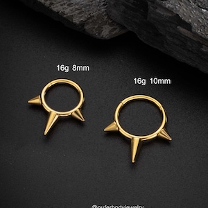 Anillo para tabique nasal con púas de titanio y oro de 16 g, aro para nariz, aro Daith, aro con bisagras, aro con triple púas para tabique nasal, aro para hélice, aro caracol, regalos