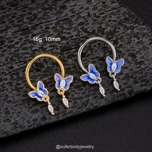 16G Dangle Butterfly Septum Ring/Horseshoe Ring/Daith Earrings/Cartilage Hoop/Septum Jewelry/Helix/Conch/Tragus Hoop Silver Gold/Girl's Gift