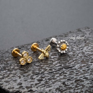 3Pcs 16G Bee Honeycomb Sun Flower Internally Threaded Stud Earring/Cartilage Stud/Helix Studs/Tragus Stud/Conch Stud/Labret/Stacking Earring