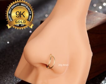 9K Solid Gold Doppel Nase Hoop einfach durchbohrt / kleine dünne Nasenring / Nasenloch Hoop / 20G winziger Nasenring / Snug Fit / Nase Piercing Schmuck einstellbar