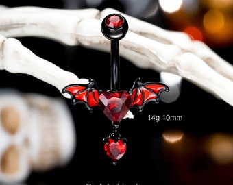 14G Bat Wing Halloween Belly Ring/Dangle Heart Navel Piercing/Belly Piercing/Belly Button Ring/Navel Jewelry/Belly Jewelry/Navel Ring/Gifts