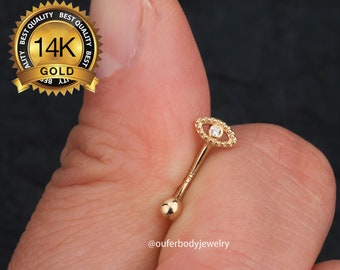 14K Solid Gold Clear CZ Eye Rook Earring/Eyebrow Ring/Rook Barbell/Curved Barbell/Rook Piercing/Eyebrow Jewelry/Cartilage Piercing/Gift Her