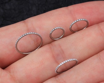 18G Titanium Paved CZ Cartilage Hoop Earrings/Hinged Hoop Clicker/Nose Ring/Conch Hoop/Tragus Hoop/Daith/Rook Piercing Hoop/Tiny silver hoop