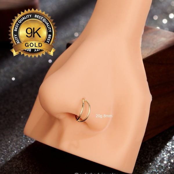 9K Solid Gold Double Nose Hoop Single Pierced/Small Thin Nose Ring/Nostril Hoop/20G Tiny Nose Ring/Snug Fit/Nose Piercing Jewelry Adjustable