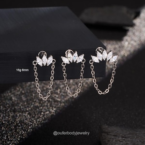 16G Titanium Crown Marquise CZ Dangle Chain Labret Stud/Cartilage Stud/Helix Earring/Inner Conch Stud/Tragus Stud/1PCS/Internally Threaded