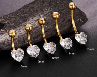 Piercing para el ombligo de titanio dorado con forma de corazón y circonitas cúbicas (14G) / Barra curva / Piercing para el ombligo / Joyería para el ombligo / Piercing para el ombligo / 1 unidad / Barra para el ombligo / Piercing para el ombligo / Regalo para ella