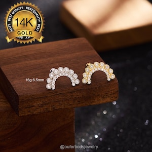 14K Solid Gold CZ Lined Curve Cartilage Stud Earring, 16G Ball End Helix & Inner Conch Piercing, Climber Stud, Elegant Curved Ear Jewelry