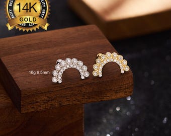 14K Solid Gold CZ Lined Curve Cartilage Stud Earring, 16G Ball End Helix & Inner Conch Piercing, Climber Stud, Elegant Curved Ear Jewelry