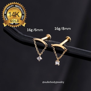 Pendiente colgante de oro macizo de 14 quilates con circonita cúbica para hélice oculta, para torre, cartílago, caracola, parte trasera plana, trago, lóbulo y cadena.