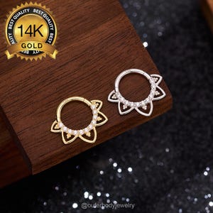 14K Solid Gold CZ Flower Petal Daith Clicker Hoop, Yellow/White Gold Septum Ring, Elegant & Luxurious Helix Hoop, Lotus Jewelry Gift for Her