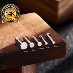 Orecchini a perno labret con disco piatto piccolo senza filettatura in oro bianco 14K/orecchini a perno per cartilagine con piccoli puntini da 1,5/2/2,5/3/4 mm/trago/elica/conchiglia/fondo piatto