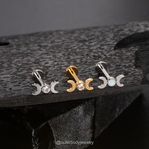 16G Moon & Sun Threadless Push-In Labret Stud/Tragus/Cartilage/Conch/Forward Helix Stud/Nose Piercing/Flat Back Earrings Silver Gold Black