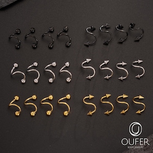 8pcs 16G 8mm Spiral Cartilage Earrings, S-Shaped Helix/Conch Hoops in Black, Silver, Gold, Ball and Spike Ends, Body Jewelry, Bulk Pack of 8