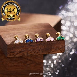 14K Solid Gold Tiny Gem Threadless Push-In Labret Stud | Multi-Color CZ Cartilage, Conch, Helix, Flat, Tragus, Lobe, Nose Piercing Jewelry