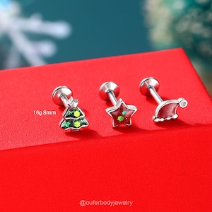 3PCS 16G Stainless Steel Christmas Gold/Silver Cartilage Studs/Stud Earring/Internally Threaded/Labret Stud/Flat Back Studs/Christmas Gift