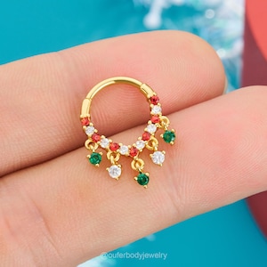 16G Dangle Multi coloured CZ Septum Ring/Daith Earring/Dangle CZ Cartilage Hoop/Helix Piercing/Hinged Clicker/Septum Piercing/Christmas Gift