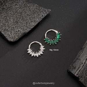 Anel de septo de zircônia cúbica transparente/verde 16G, argola de nariz com clique, brincos Daith, piercing de septo sem costura com brilhos dourados, argolas de cartilagem/hélice/concha