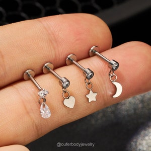 16G Implant Titanium Dangle Star/Heart/Moon/Pear CZ Earring/Cartilage Stud/Helix/Conch/Tragus/Labret/Flat Back Stud/Internally threaded 1PCS