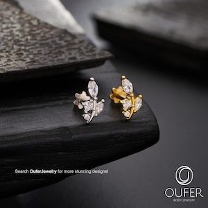 16G Gold/Silver Leaf Flat Back Earring – Internally Threaded Labret for Helix, Tragus, Conch, Cartilage, Nose Piercing | CZ Spring Jewelry