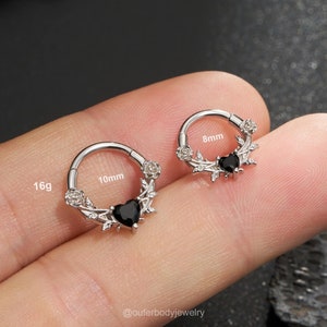 16G Rose Flower Heart black CZ Septum Ring/Daith Earring Silver/Cartilage Piercing/Septum Jewelry/Hinged Segment Clicker/Helix/Septum Hoop