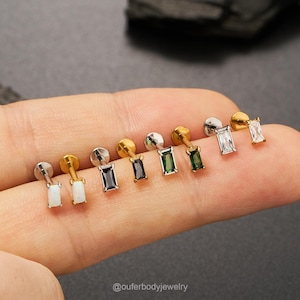 16G/18G Threadless Opa/CZ Baguette Stud/Gold Rectangle Cartilage Stud/Push Pin Labret Stud/Tragus/Conch/Flat back Earring/Nose Piercing/Gift