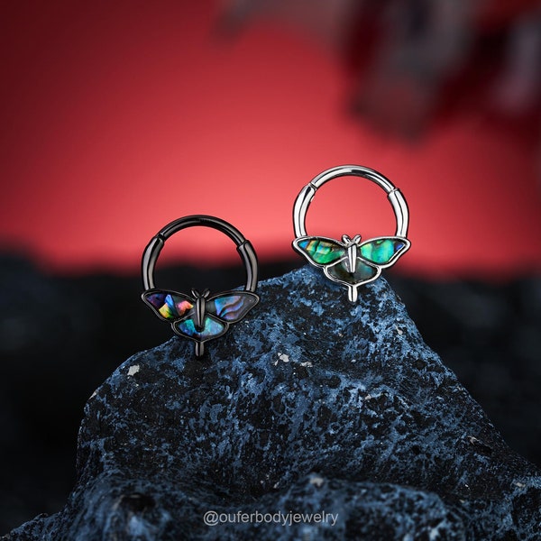16G Abalone Shell Moth Septum Ring/Hinged Segment Septum Clicker/Daith Earring/Cartilage Hoop/Helix/Conch Hoop/Spooky Halloween Jewelry Gift