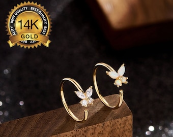 14K Solid Gold Butterfly CZ/Opal Nose Hoop 20G18G/Small Thin Nose Ring/Nostril Hoop/Tiny Nose Ring/Snug Fit/Nose Piercing Jewelry Adjustable