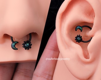 16G Black Celestial Septum Ring/Daith Ring/Cartilage Hoop/Helix Hoop/Tragus/Conch Hoop/Gift for Her/Minimalist Earrings/Halloween Jewelry