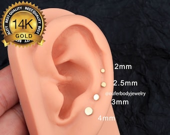 Petit disque plat sans filetage en or massif 14 carats, boucle d'oreille labret 1,5/2 mm/2,5/3/4 mm, tragus, hélice, conque, dos plat