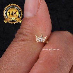 14k Solid Gold Threadless Crown Push-In Labret/Threadless Helix,Conch,Nose,Cartilage,Tragus earring/Clear CZ Flat Back Ear Stud/Gift for her