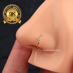 9K Solid Gold Gold CZ Nose Hoop/Small Thin Nose Ring/Silver Nose Ring Hoop/20 Gauge Tiny Nose Ring/Snug Fit/Nose Piercing Jewelry Adjustable