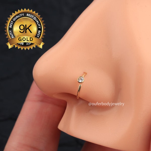 9K Solid Gold Gold CZ Nose Hoop/Small Thin Nose Ring/Silver Nose Ring Hoop/20 Gauge Tiny Nose Ring/Snug Fit/Nose Piercing Jewelry Adjustable