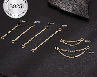 925 Sterling Silver Dangle Chain Attachment, Double Chain Piercing with Gold Cartilage Chain, Linking Chain Connector, Loop Earring, 20-35mm
