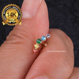 Puces d'oreilles labret sans fil en or 14 carats/boucles d'oreilles grimpeur CZ arc-en-ciel/clous de conque intérieure/clous de nez/tragus/cartilage/hélice/lobe d'oreille/extrémités sans fil