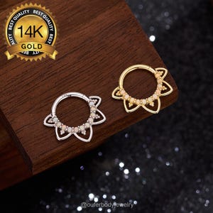 14K Solid Gold Opal Flower Petal Daith Clicker Hoop, Yellow/White Gold Septum Ring, Elegant & Luxurious Helix Hoop, Special Earring Gift