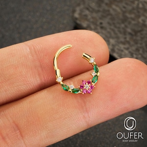 Anneau de septum clicker fleur/feuille rubis 16G, boucle d'oreille Daith, bijoux de piercing floraux délicats, cerceau minimal mignon, cadeau pour elle