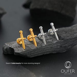 16G Sword Flat Back Stud Earring – Threadless Medieval-Style Design for Helix, Conch, Tragus, Cartilage Piercings | Unisex Push Back Jewelry