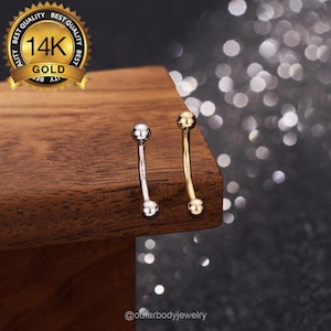 14K Solid Gold Plain Ball Enden gebogen Barbell/16G Turm Ohrring, Augenbrauen Piercing Schmuck/zierlich intern Gewinde vertikal Labret 6/8/10 mm